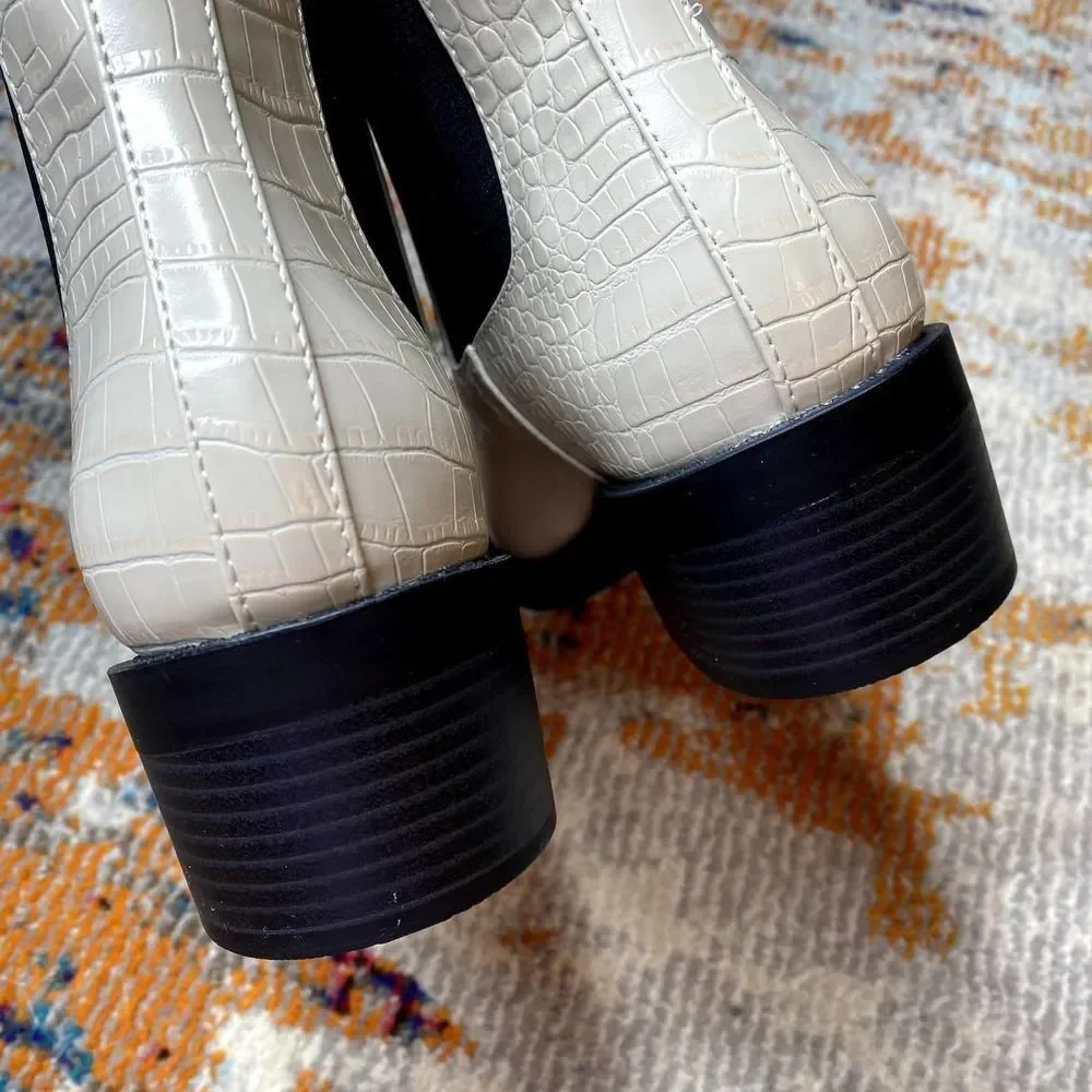 Open Edit Rectangular Toe Stacked Heel Croc-Embossed Ayla Chelsea Boot Ivory 8